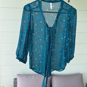 Xhilaration Teal Floral Sheer Blouse